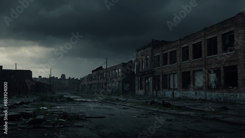 Abandoned old factory in a European town at night with sunset and clouds in the sky © VFX1988