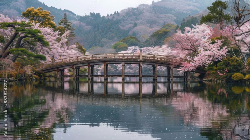 Serene Japanese Garden with Cherry Blossoms and Bridge. Serene Japanese Garden with Cherry Blossoms and Bridge.