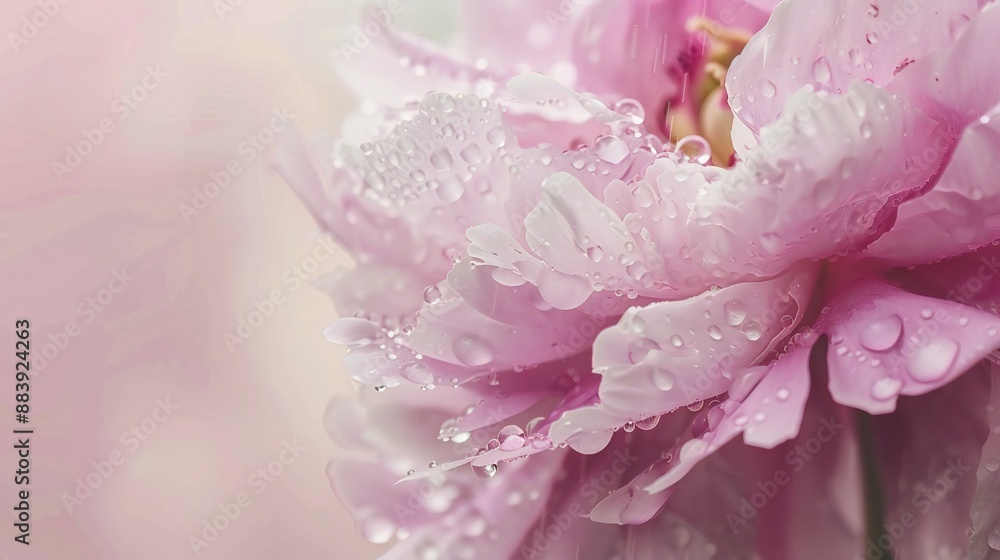 Close-up of a wet Botan (peony) flower with stem, soft pink blur background, raindrops, lush and romantic. Close-up of a wet Botan (peony) flower with stem, soft pink blur background, raindrops, lush and romantic.