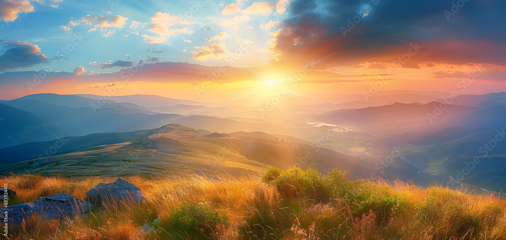 Fototapeta premium Sunrise or Sunset in mountain - panoramic view - panorama