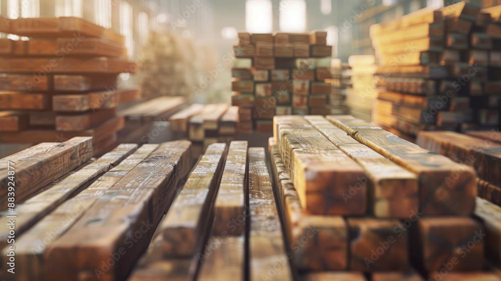 A stack of wooden planks were in the warehouse, ready for production A stack of wooden planks were in the warehouse, ready for production
