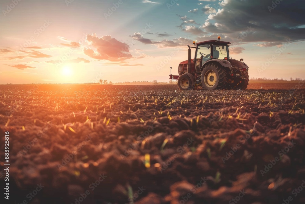 Fototapeta premium Agricultural workers plowing a field with tractors against a backdrop of a vibrant sunset. 