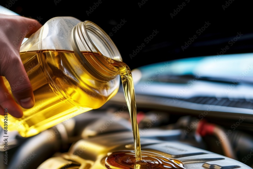 pouring oil to car engine. fresh motor oil poured during an oil change to a car pouring oil to car engine. fresh motor oil poured during an oil change to a car