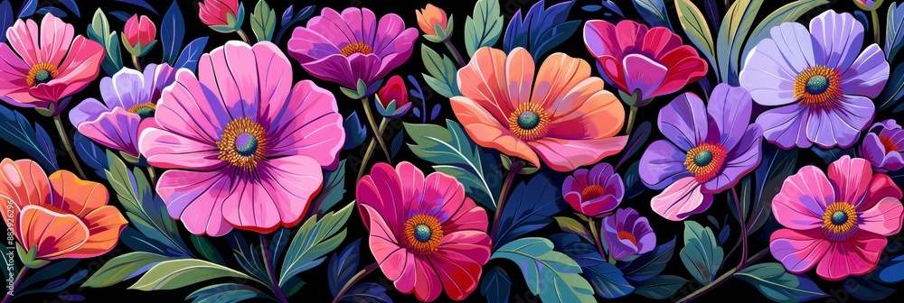 Vibrant Floral Pattern with Pink, Purple, and Orange Flowers Vibrant Floral Pattern with Pink, Purple, and Orange Flowers