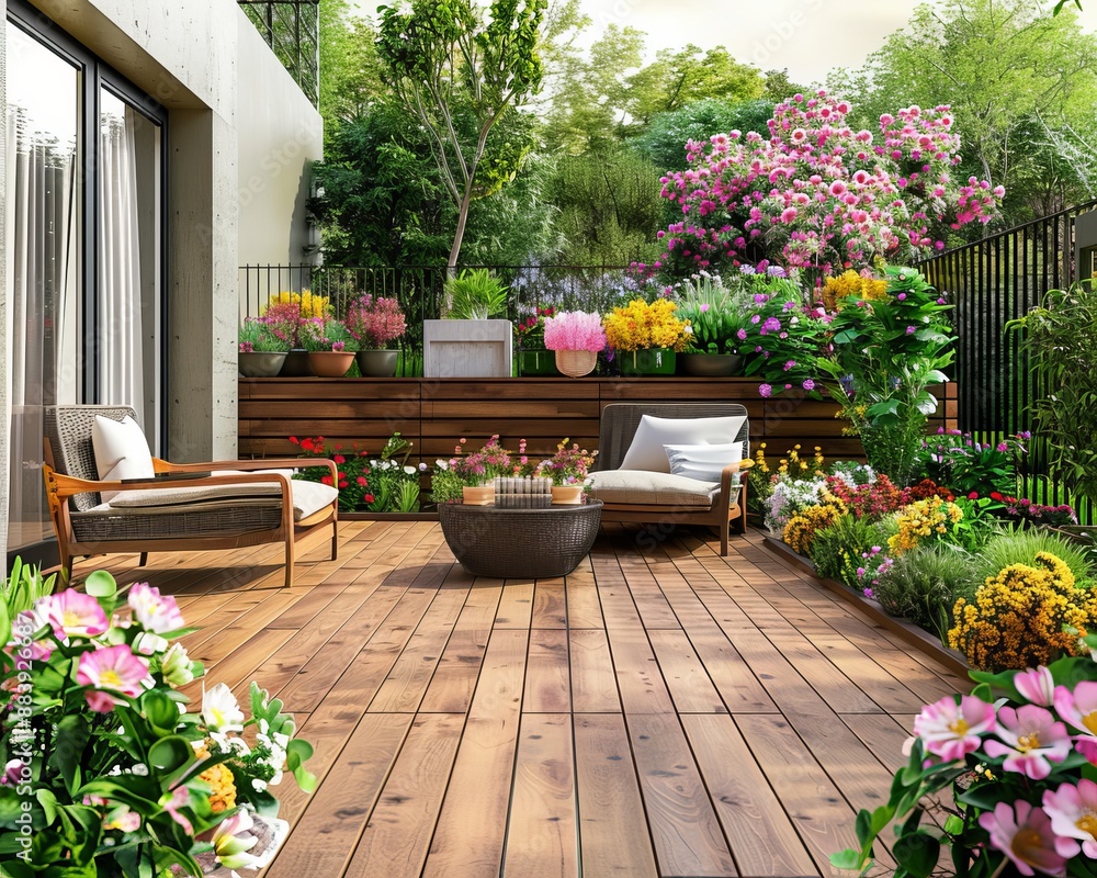 Stylish urban terrace wood deck, green plants, and cozy furniture for a relaxing city escape Stylish urban terrace wood deck, green plants, and cozy furniture for a relaxing city escape