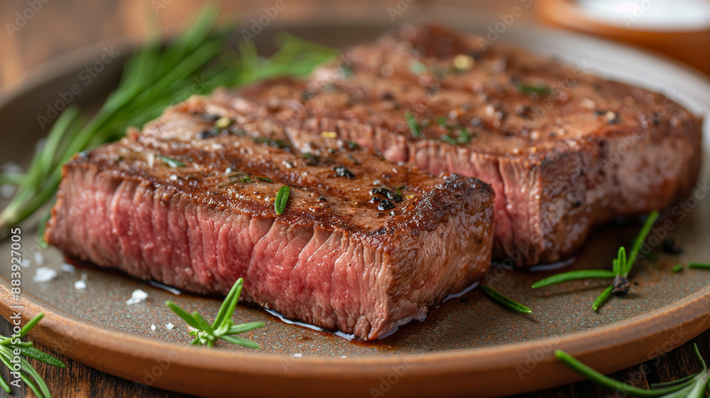 A plate of delicious steak on a wooden table A plate of delicious steak on a wooden table