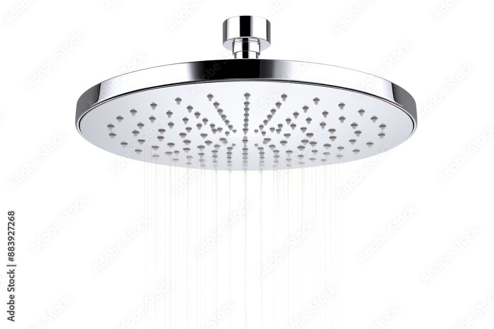 A high-pressure rainfall showerhead with a large, round head, isolated on a white background A high-pressure rainfall showerhead with a large, round head, isolated on a white background