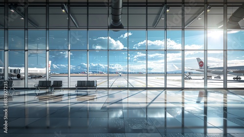 Modern airport terminal with large windows overlooking airplanes on the tarmac.