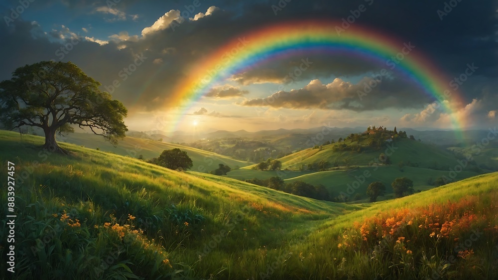 Obraz premium Nature's Kaleidoscope: A Vibrant Rainbow Arcs Over Lush Green Hills, Illuminating a Serene Landscape Bathed in Golden Sunlight