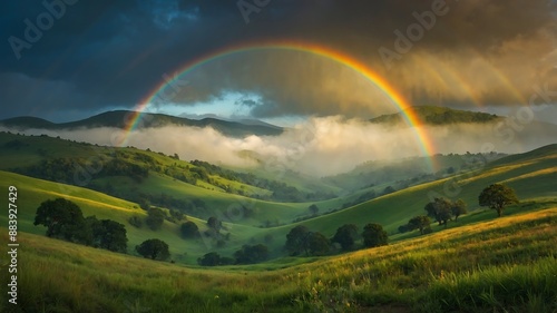 Nature's Kaleidoscope: A Vibrant Rainbow Arcs Over Lush Green Hills, Illuminating a Serene Landscape Bathed in Golden Sunlight © VFX1988