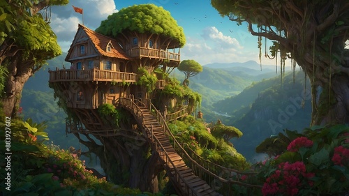 Dreamy Treehouse Retreat: A whimsical escape awaits in a lush, verdant forest, where a rustic treehouse nestled high in the branches offers stunning views of rolling hills and a breathtaking landscape