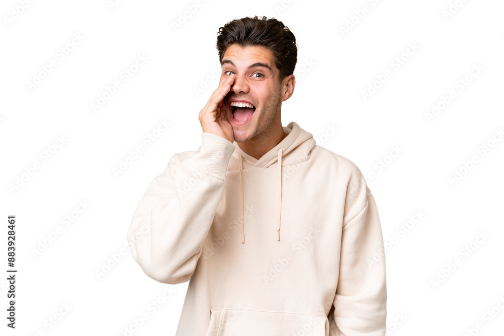 Young caucasian handsome man over isolated background shouting with mouth wide open Young caucasian handsome man over isolated background shouting with mouth wide open