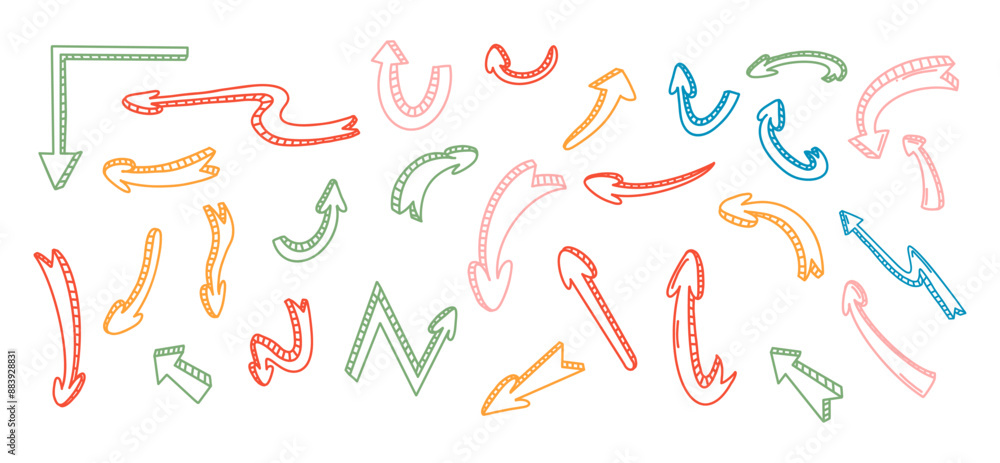 Arrow shapes with 3d effect doodle line vector artwork bundle on white background. Multiple pointers color isolated hand drawn illustration set