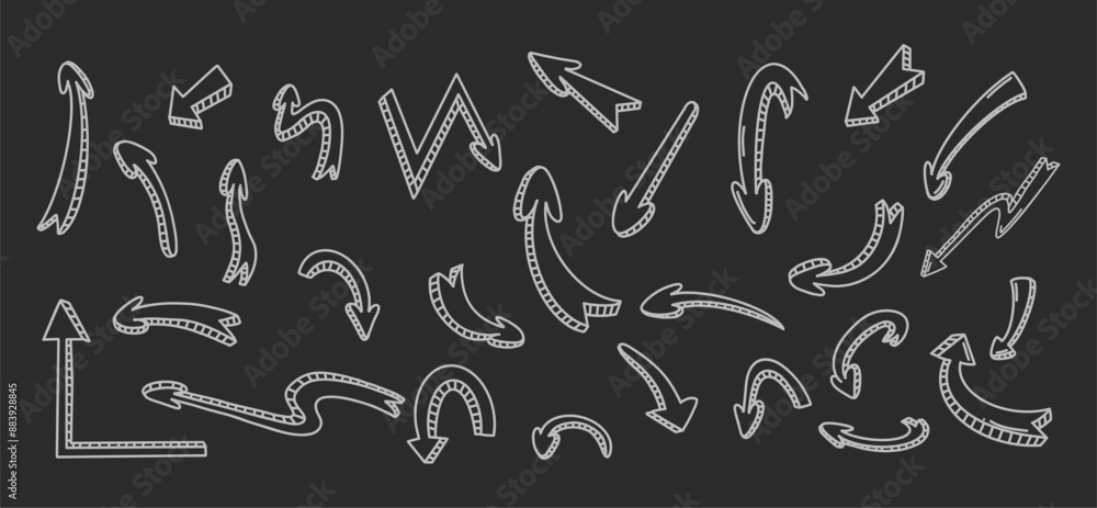 Arrow doodles with pseudo 3d white line vector icons bundle in negative space. Navigation symbols hand drawn illustration set black and white Arrow doodles with pseudo 3d white line vector icons bundle in negative space. Navigation symbols hand drawn illustration set black and white