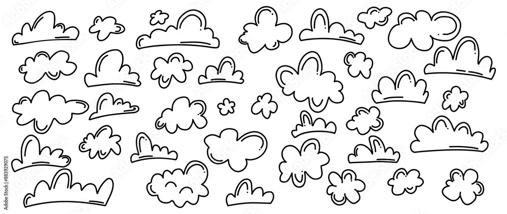 Cute clouds doodle line vector icons bundle on white background. Sky beauty and weather effect hand drawn monochrome illustration set Cute clouds doodle line vector icons bundle on white background. Sky beauty and weather effect hand drawn monochrome illustration set