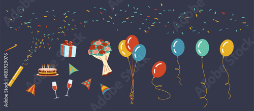 Birthday holiday decor 2D cartoon objects set. Party event. Air balloons cake and confetti flat line vector elements grey background