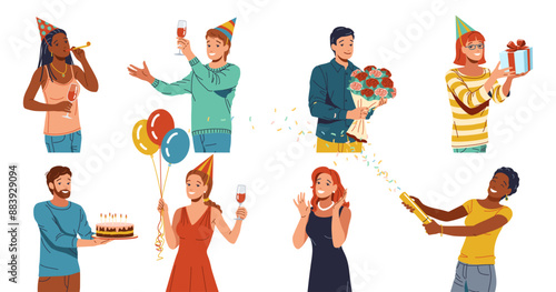 Birthday party diverse guests flat color vector icon set. Happy holiday celebrating multiracial people illustration pack on white background