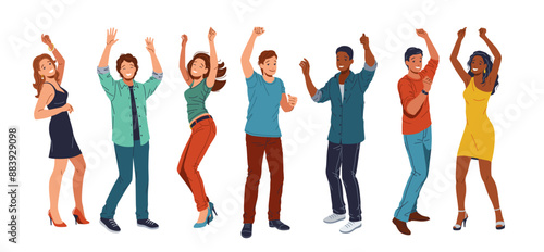 Joyful multiethnic party guests dancing flat color vector icon set. Young diverse clubbers having fun illustration pack on white background