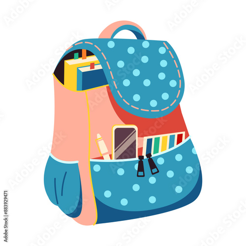 Vector cartoon polka dot schoolbag loaded with educational materials. 2D cartoon image containing books great for welcoming students back to school on white