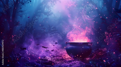 Mystical Witch s Brew Cauldron in Dark Enchanted Forest with Glowing Potion and Space for Text photo