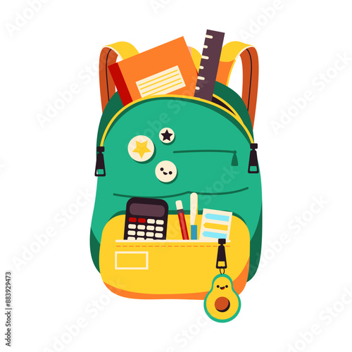 Cartoon schoolbag with copybook and stationery on white background. Illustration features educational supplies ideal for student-themed graphics