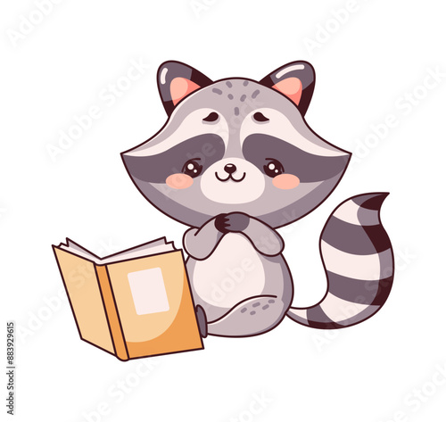 Kawaii raccoon absorbed in reading on white background. Illustration depicts cute animal sitting with textbook showing curiosity for learning