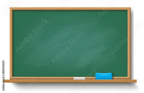 Blank chalkboard in school classroom realistic vector illustration. Green mockup board with chalk and sponge 3d object on white background