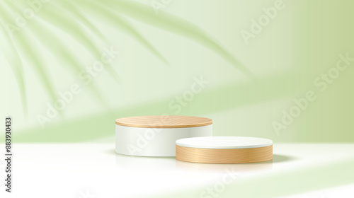 Vacant round podium against palm leaf shadow realistic vector illustration. Products presentation stand 3d object on green background