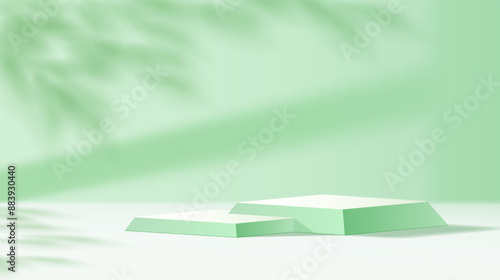 Advertising podium and plant shadow realistic vector illustration. Empty products demonstration stand 3d object on green background