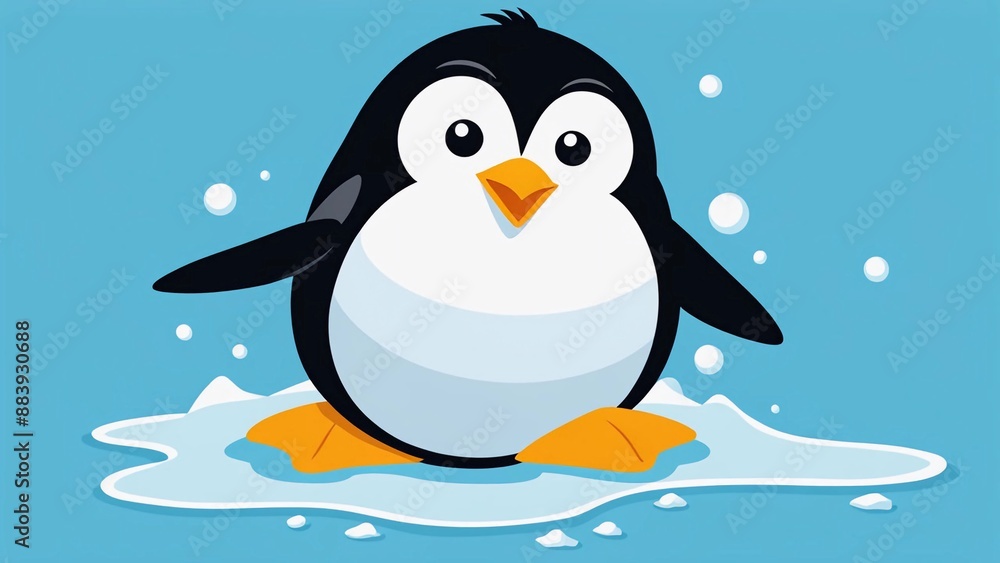 Naklejka premium Funny penguin slipping on an ice patch with a surprised expression, vector flat design clipart