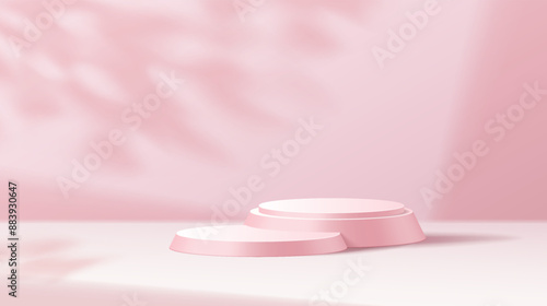 Advertising podium and plant shadow realistic vector illustration. Empty products demonstration stand 3d object on pink background