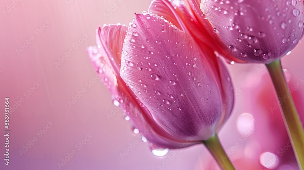 Close-up of a wet tulip flower with stem, soft purple blur background, raindrops, graceful and vibrant.