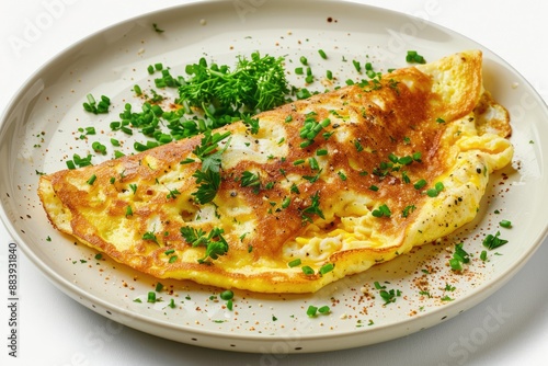 Omelette Isolated. Plain Egg Omelette on White Plate, Closeup View