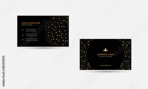 Luxury and elegant dark black business card design with gold wavy style minimalist template, modern and simple business card design, horizontal business card, double sided design, visiting card design