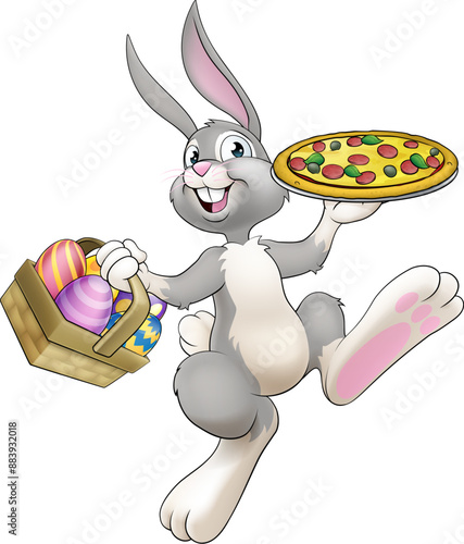An Easter bunny rabbit cartoon character serving or delivering pizza from a food restaurant, possibly the chef