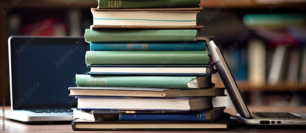 Stack of Books and Laptops on a Wooden Table Stack of Books and Laptops on a Wooden Table
