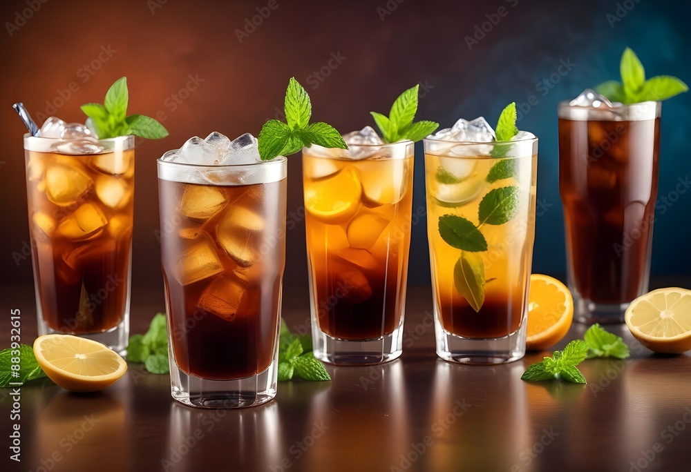 row of fresh fruit smoothies delivered in glasses with straws. row of fresh fruit smoothies delivered in glasses with straws.