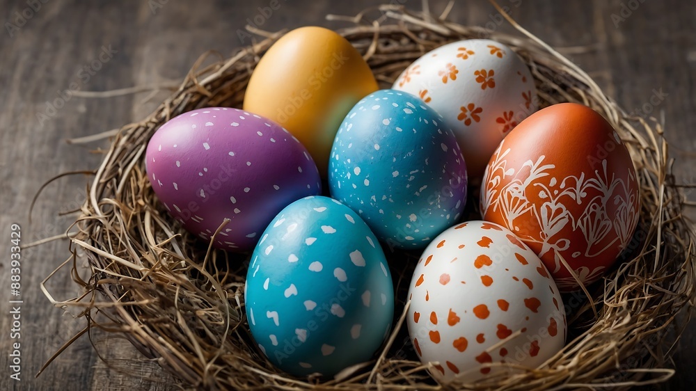 Easter eggs in a colorful basket Easter eggs in a colorful basket