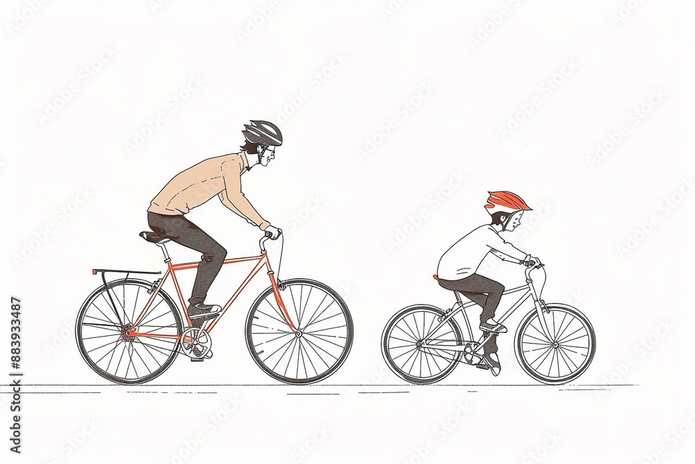 Continuous Line Art of Adult and Child Cycling Together Continuous Line Art of Adult and Child Cycling Together