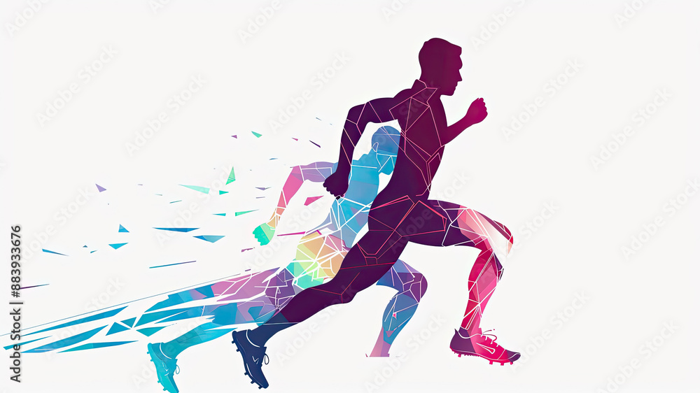 Dynamic vector silhouette of male runner in modern cartoon style with rich colors, embodying Olympic spirit and athleticism on white background. Dynamic vector silhouette of male runner in modern cartoon style with rich colors, embodying Olympic spirit and athleticism on white background.