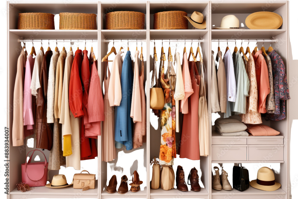 A dream wardrobe filled with designer clothing and accessories, isolated on a white background A dream wardrobe filled with designer clothing and accessories, isolated on a white background