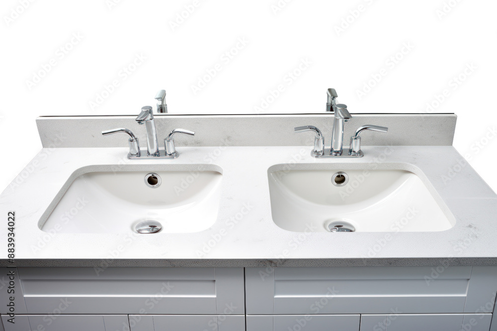 A double bathroom sink with ample counter space and modern faucets. Isolated on white background. A double bathroom sink with ample counter space and modern faucets. Isolated on white background.