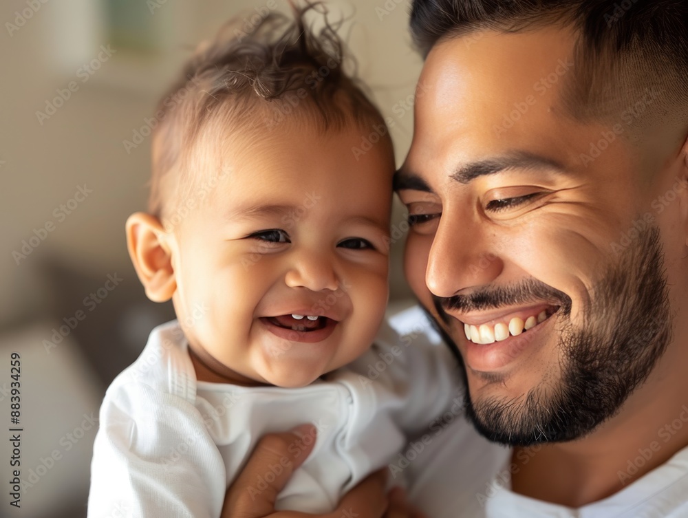 Joyful latino father and son bonding, closeup portrait for father s day with copy space Joyful latino father and son bonding, closeup portrait for father s day with copy space