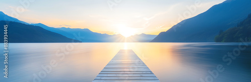 pontoon on lake at sunset, AI generated