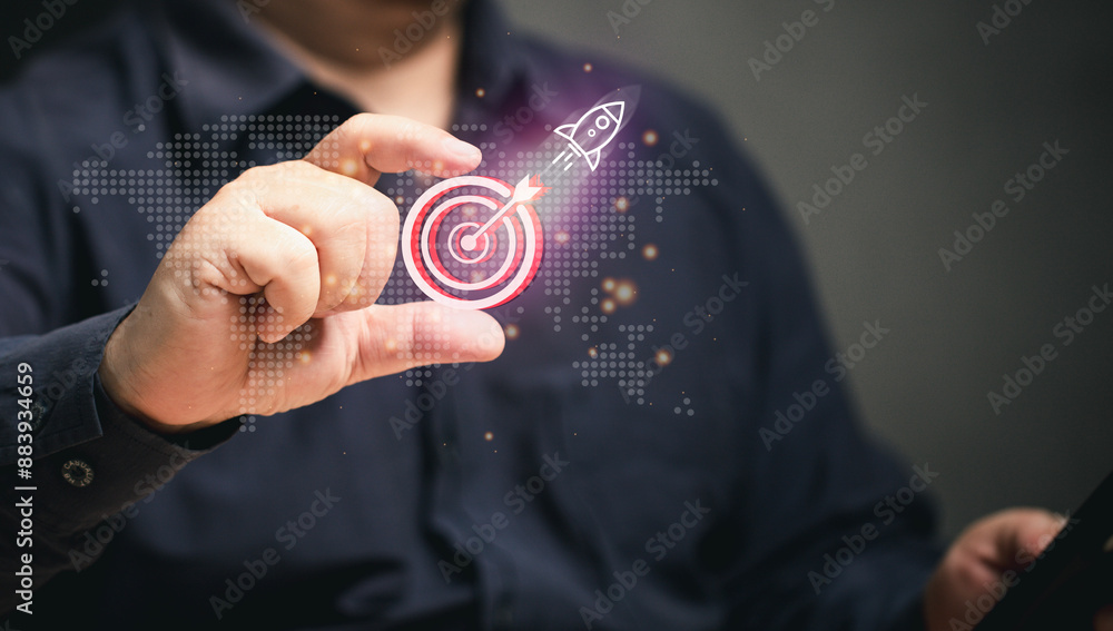 Businessman hold out goals and rocket, guidelines for global marketing strategy at virtual screen. Business achievement growth performance development and investment. opportunity. Financial target. Businessman hold out goals and rocket, guidelines for global marketing strategy at virtual screen. Business achievement growth performance development and investment. opportunity. Financial target.