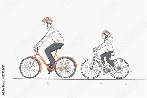 Continuous Line Art of Adult and Child Cycling Together