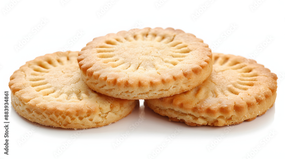 Three round shortbread biscuits isolated on white.
Three round shortbread biscuits isolated on white.