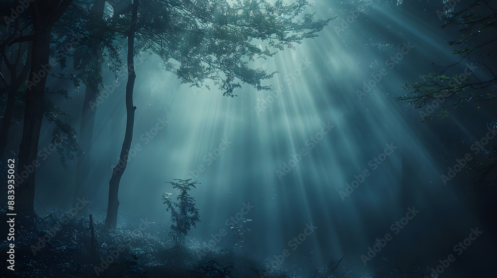 Obraz premium Stunning light beams piercing through foggy air, creating a dramatic and ethereal effect.