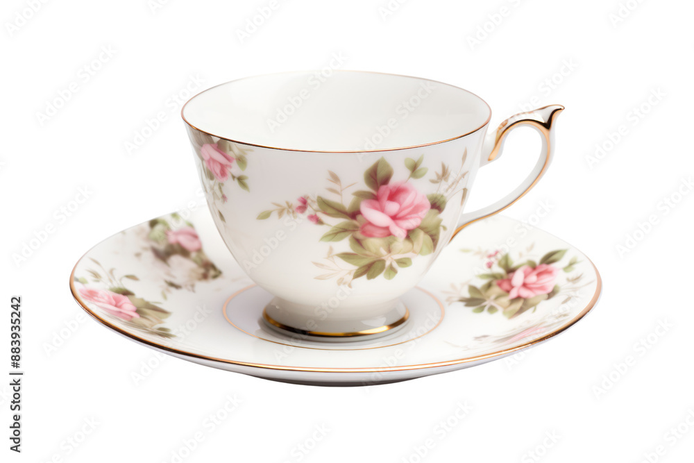 A delicate porcelain teacup with a floral motif and a touch of elegance. Isolated on white background A delicate porcelain teacup with a floral motif and a touch of elegance. Isolated on white background