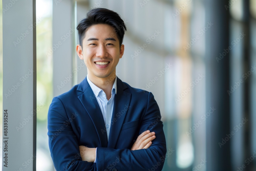 Single Asian Man in Business Attire with Happy Expression on Light Background Single Asian Man in Business Attire with Happy Expression on Light Background